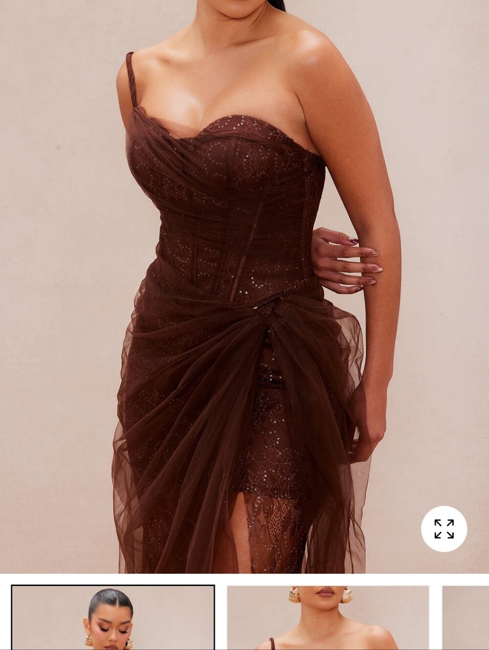 Fashion Nova One-Shoulder Chocolate Brown Tulle Dress